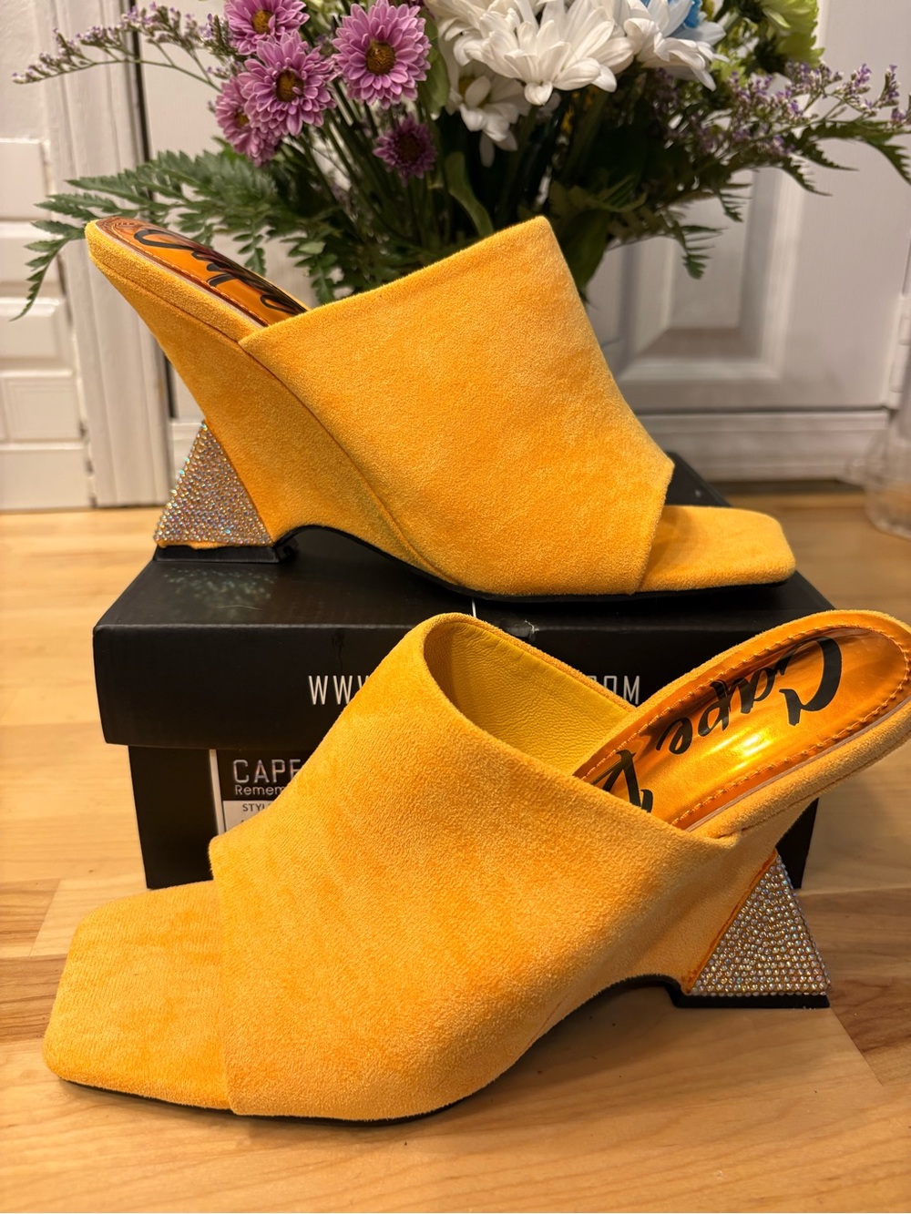 Cape Robbin Yellow Suede Crystal-Trim Wedge Mules